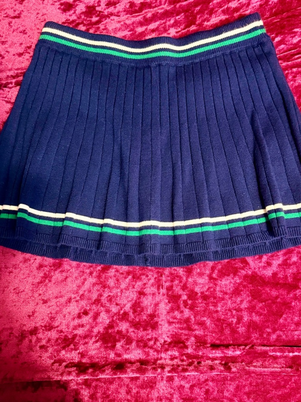 Aeropostale Navy Pleated Skirt with Green & White Stripe Trim